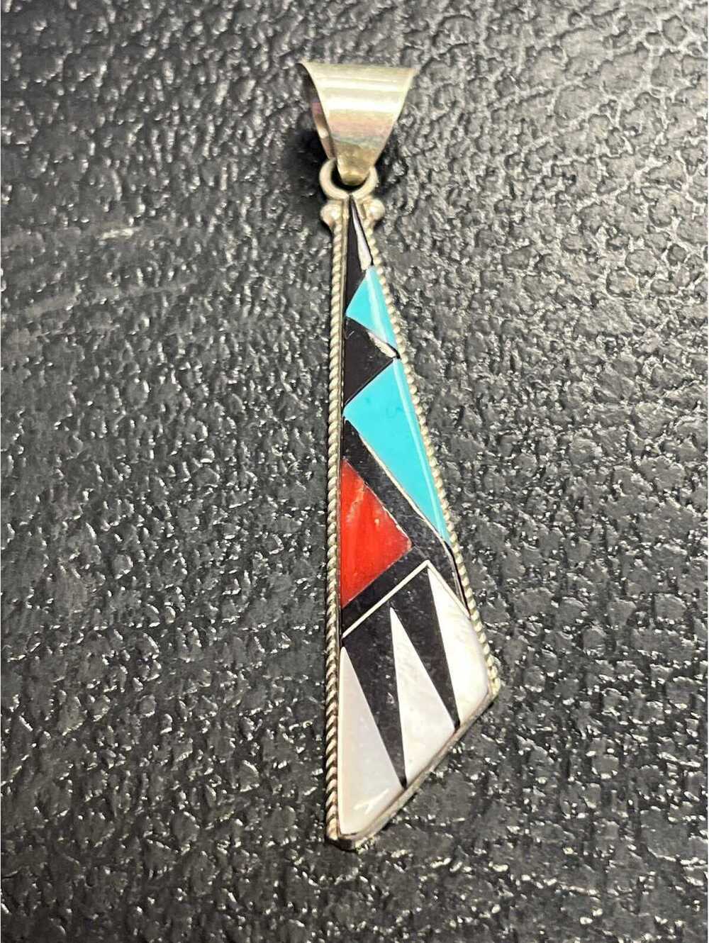 Native American Zuni handmade sterling silver turquoise multi inlay pendant